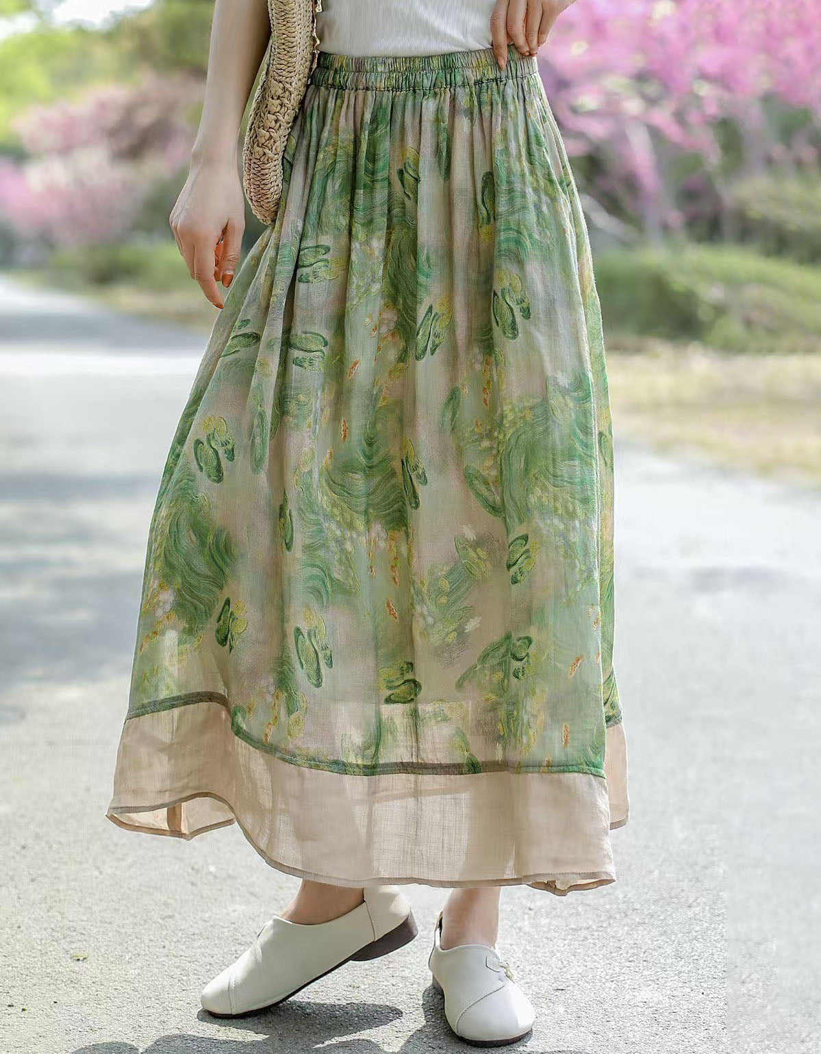 Women’s Lightweight Cotton Linen Maxi Skirt – Retro Artistic Print A-Line Skirt