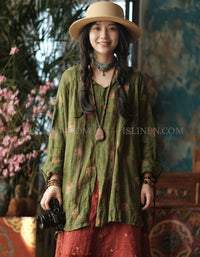 Women Boho Floral Linen Blouse Loose Casual Top