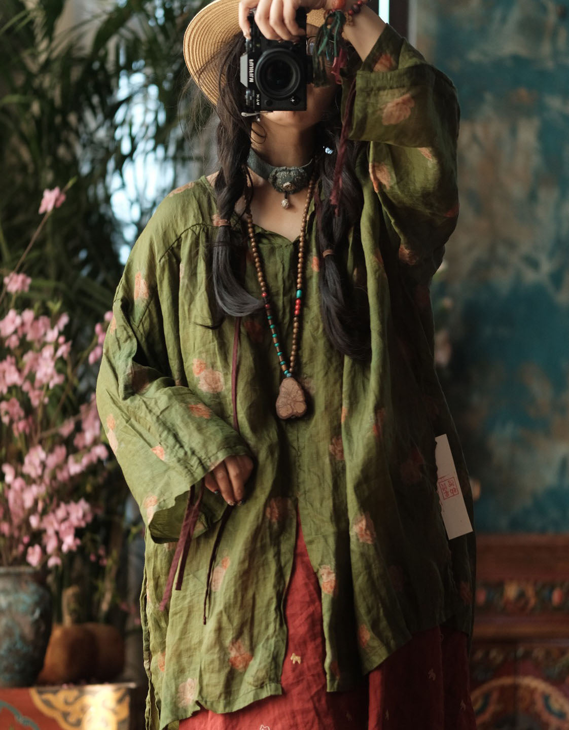 Casual Linen Floral Top Women Oversized Boho Shirt