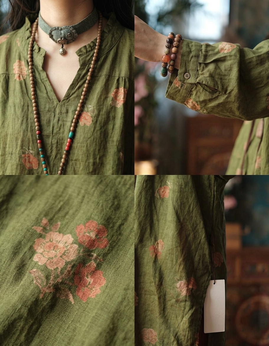 Boho Floral Linen Top Women Casual Oversized Shirt