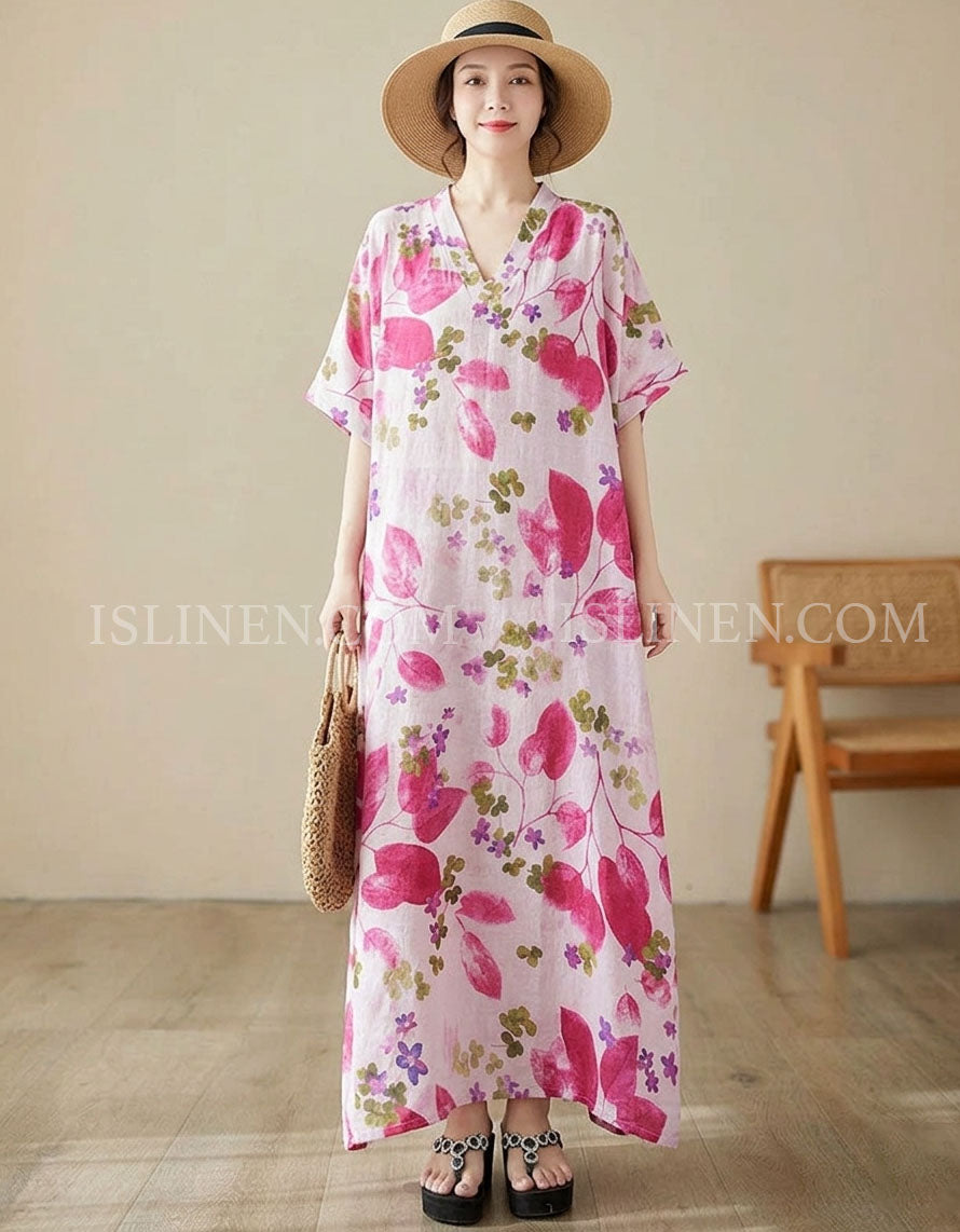 Women’s Pink Floral Linen Maxi Kaftan Dress