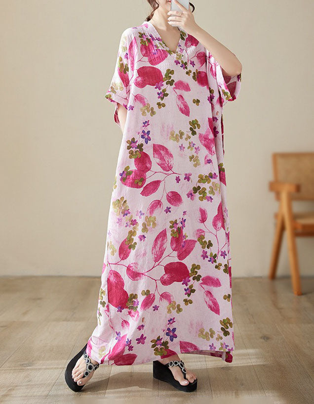 Casual Pink Printed Linen Beach Maxi Dress