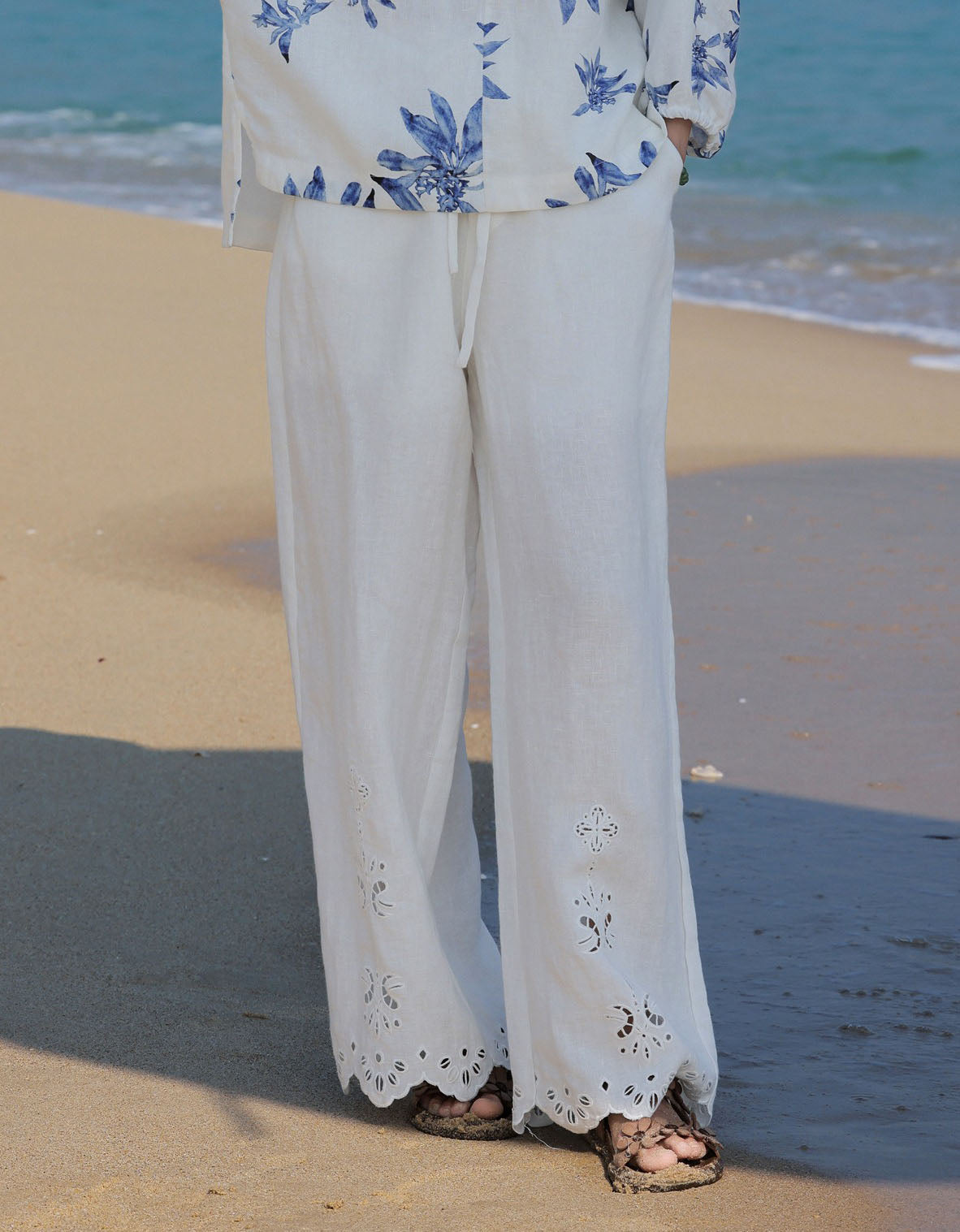 White Boho Casual Relaxed Embroidered Hem Linen Pants