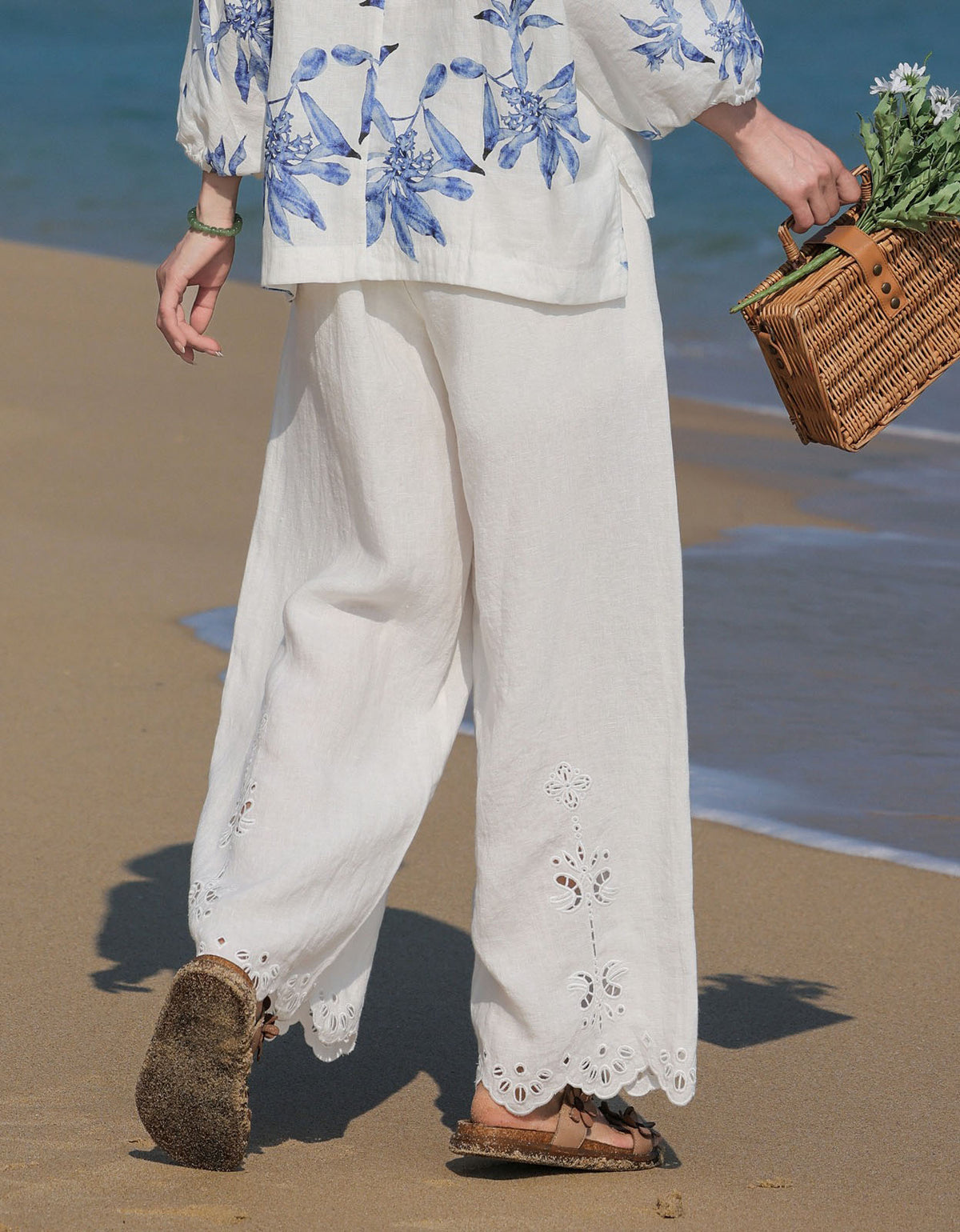Women's White Linen Pants Wide Leg Boho Embroidered Hem
