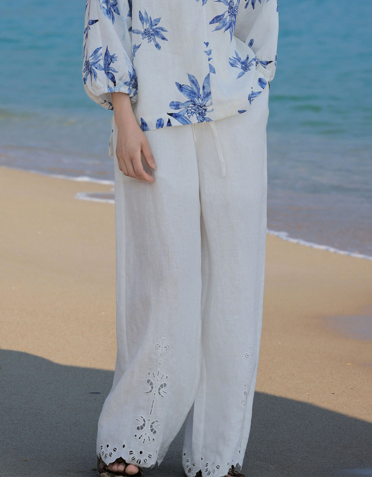White Casual Relaxed Embroidered Hem Linen Pants