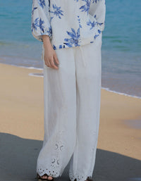 White Casual Relaxed Embroidered Hem Linen Pants