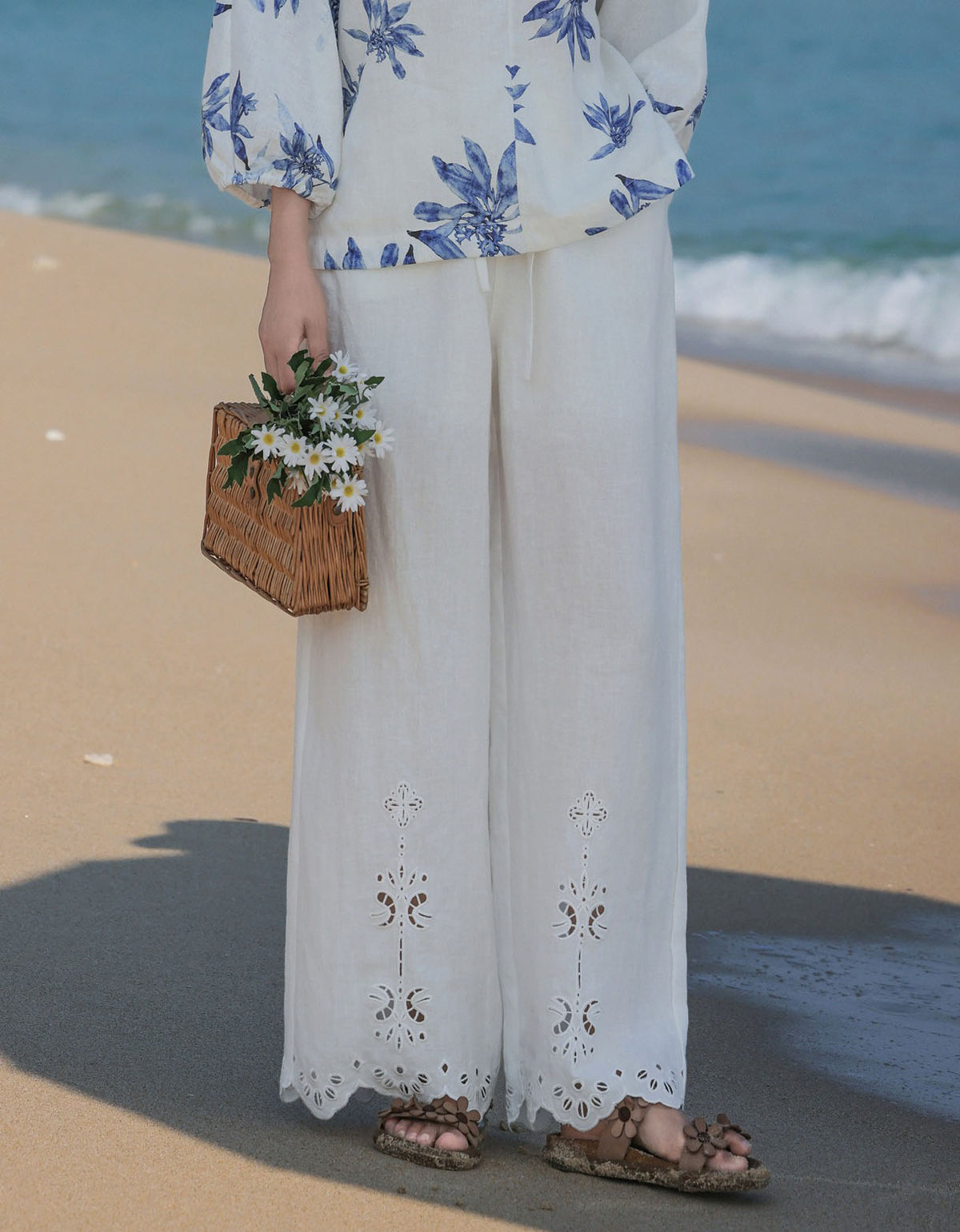 Women Boho Casual Relaxed Embroidered Hem Linen Pants