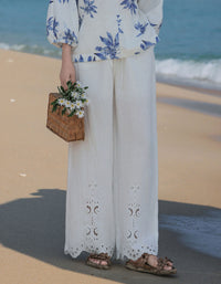 Women Boho Casual Relaxed Embroidered Hem Linen Pants