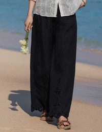 Black Women Boho Casual Relaxed Embroidered Hem Linen Pants