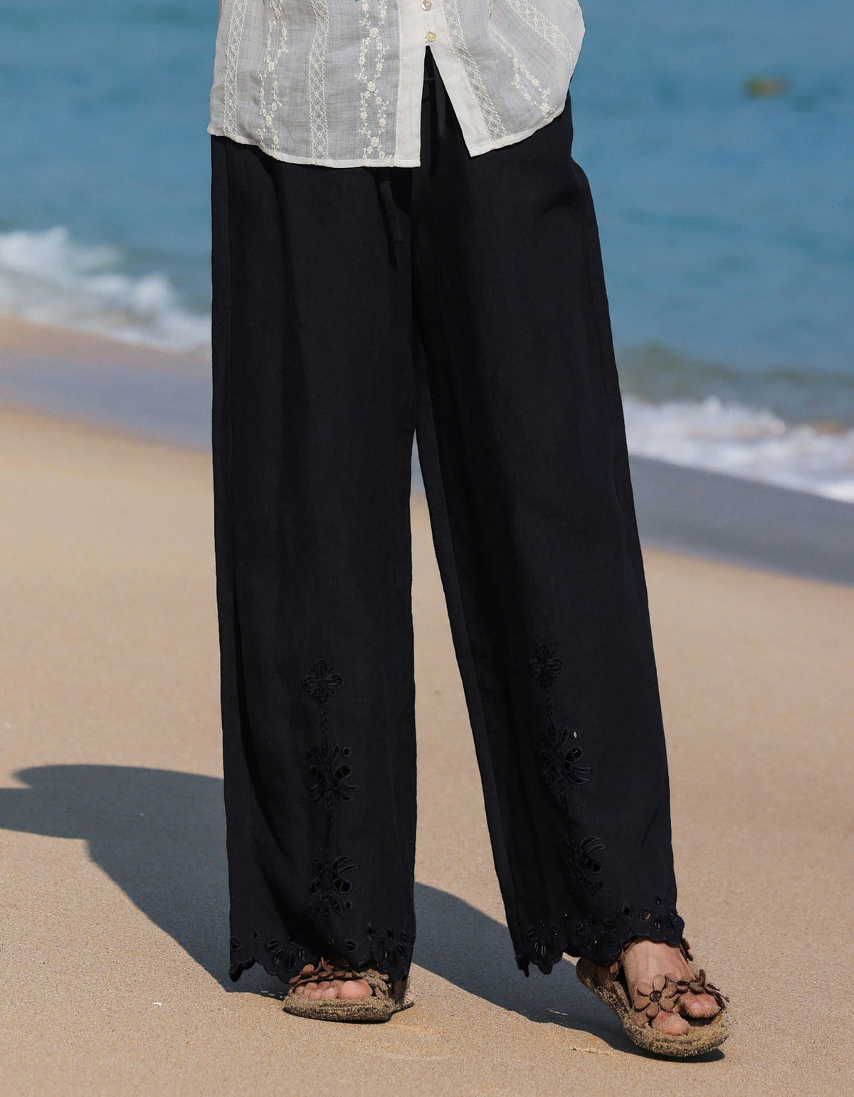 Women's Black Linen Pants Wide Leg Boho Embroidered Hem