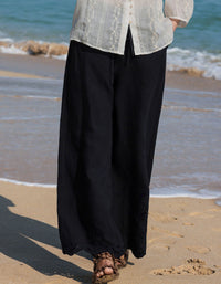 Women Black Casual Relaxed Embroidered Hem Linen Pants