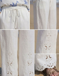 Bohemian White Wide-Leg Pants Embroidered Hem for Women