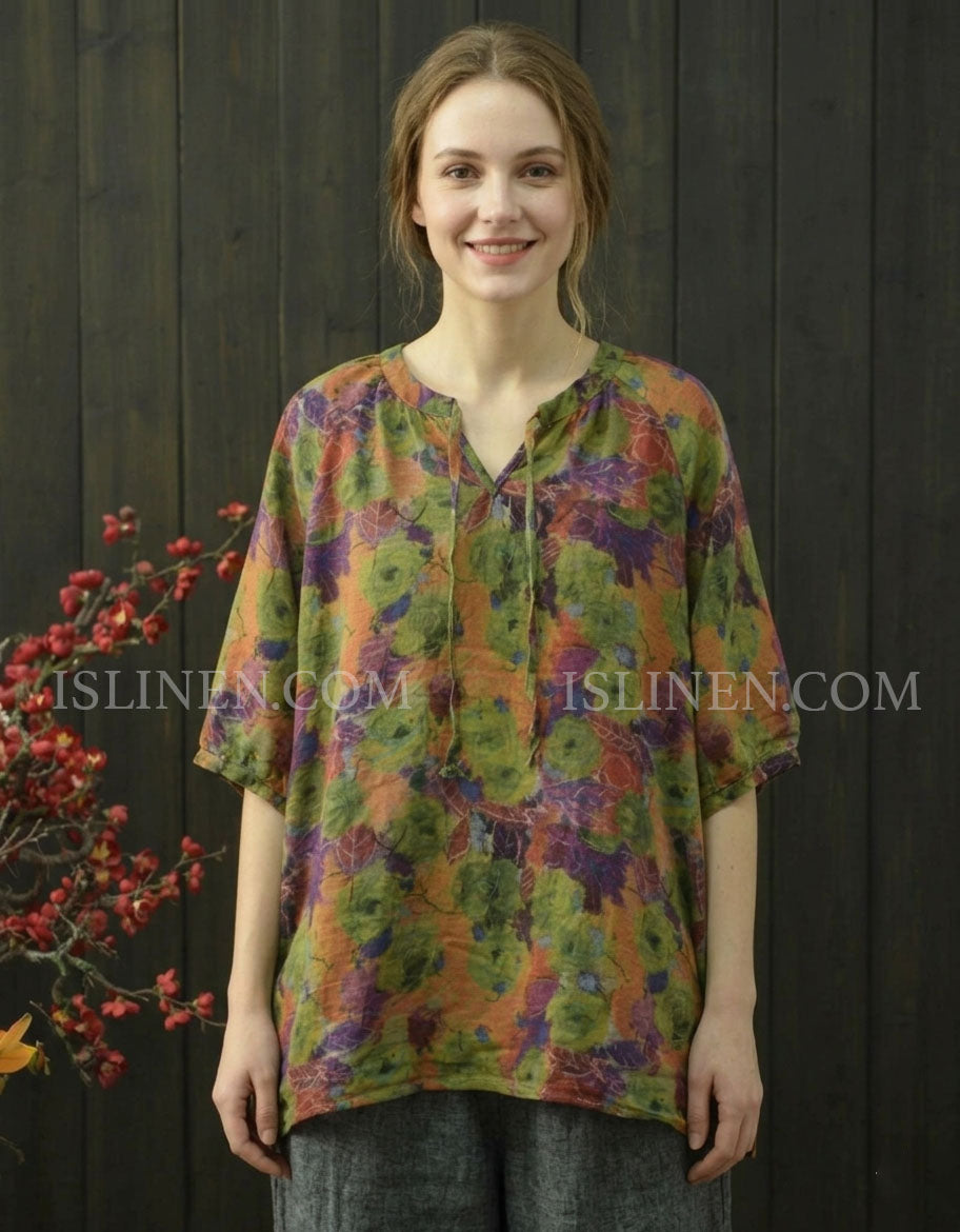 Women's Vintage Floral Linen Blend Loose Tunic Blouse