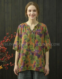 Women's Vintage Floral Linen Blend Loose Tunic Blouse