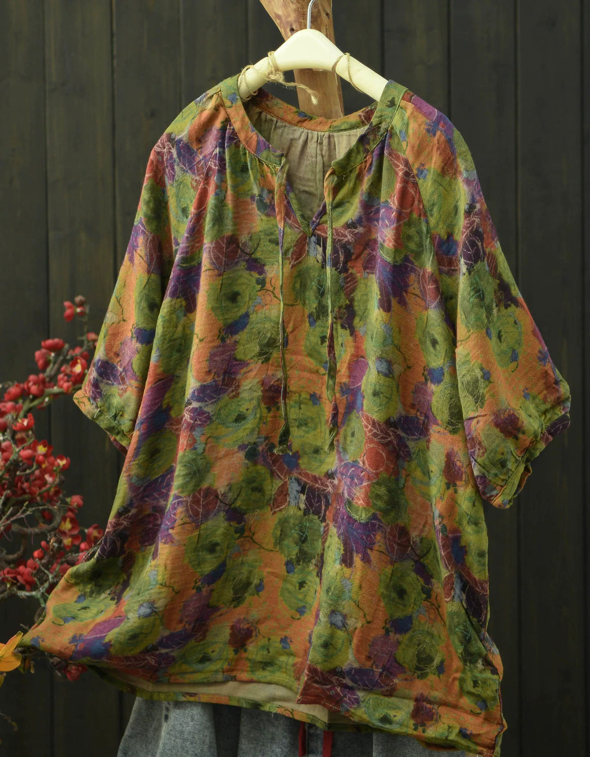 Boho Floral Print Linen Blend Casual Oversized Top