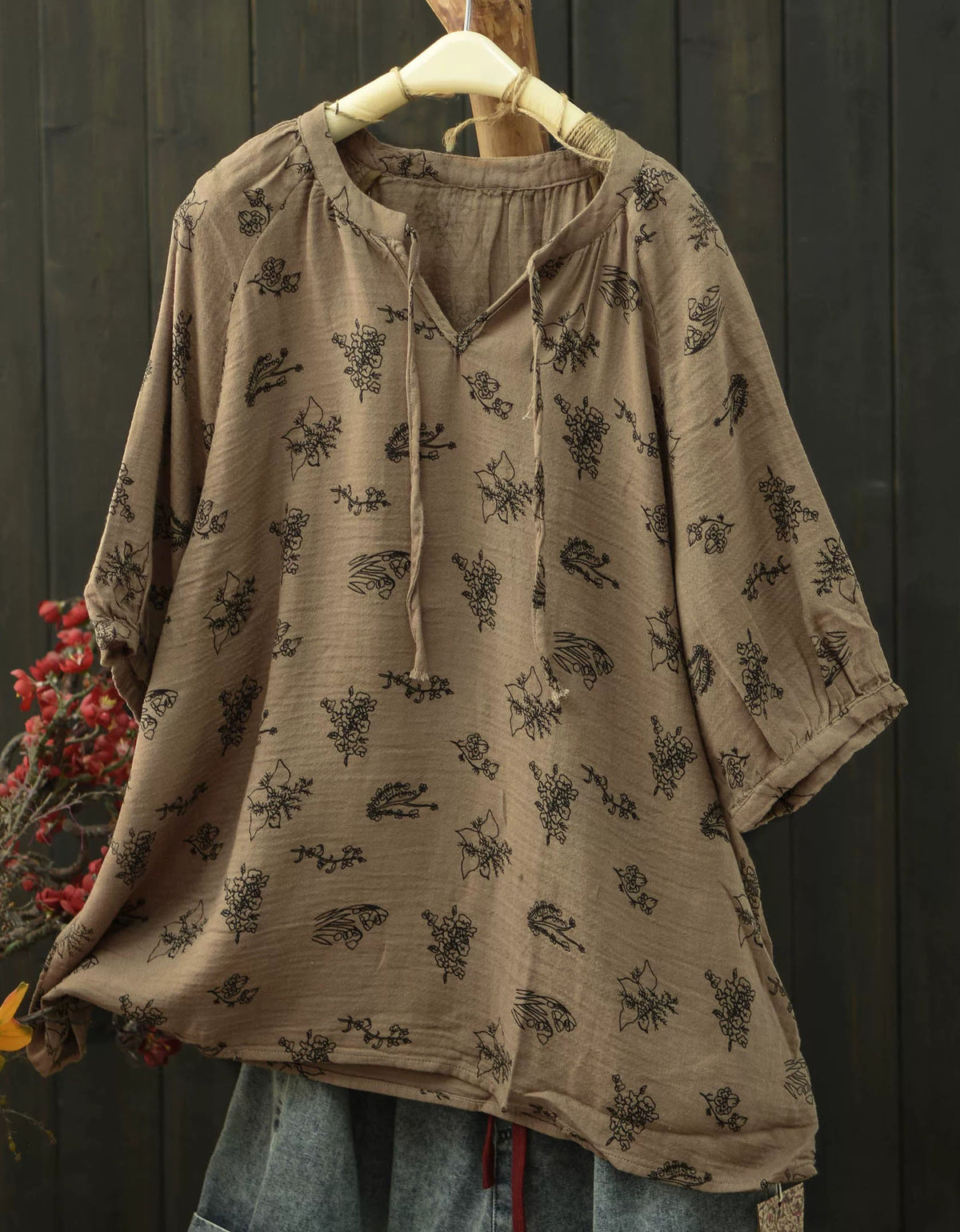 Vintage Floral Linen Blend Relaxed Boho Blouse Top