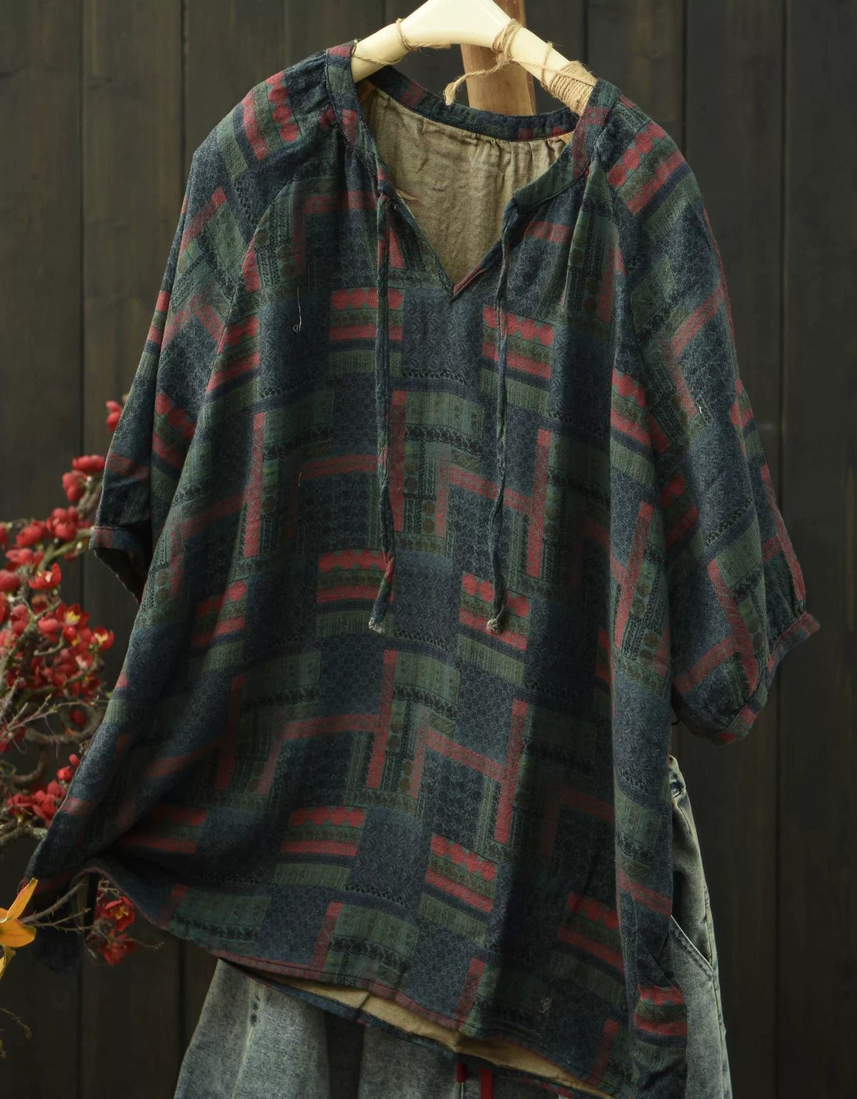 Women's Floral Print Tie Neck Casual Linen Tunic
