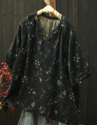 Women's vintage floral linen blend loose tunic blouse with tie neckline