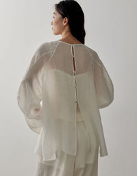 Oversized Sheer Linen Blouse for Women – Batwing Sleeve Casual V Neck Top Back View