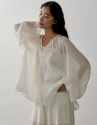 Minimalist Linen V Neck Blouse for Women – Loose Batwing Sleeve Top