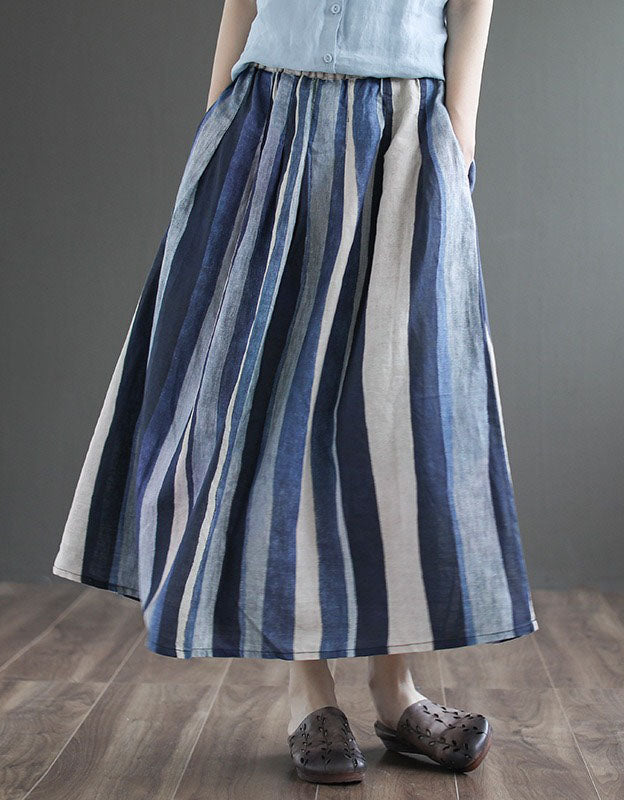 Vintage Blue Striped Linen Skirt for Women Summer