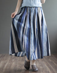 Blue Striped Linen Maxi Skirt for Women with Pockets
