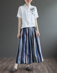 Women’s Blue Stripe Linen A-Line Maxi Skirt Casual