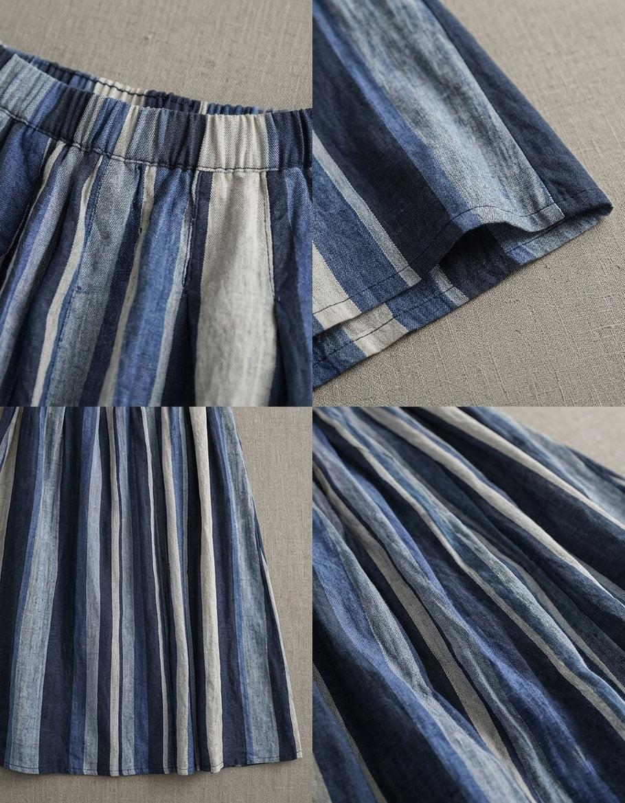 Elastic Waist Blue Linen Maxi Skirt with Pockets