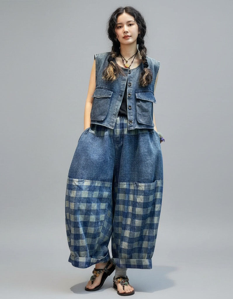 Front view of women’s patchwork denim two-piece set – loose top and wide-leg pants