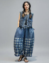 Front view of women’s patchwork denim two-piece set – loose top and wide-leg pants