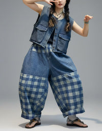 Casual Bohemian Two-Piece Outfit for Women – Patchwork Wide-Leg Pants & Matching Blouse