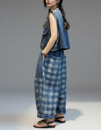 Boho Style Women’s Two-Piece Patchwork Denim Set – Relaxed Fit Pants & Blouse