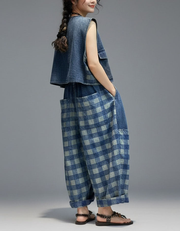 Vintage Baggy Denim Two-Piece Set – Oversized Wide-Leg Pants with Top