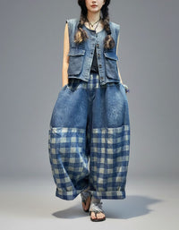 Women’s Oversized Patchwork Denim Two-Piece Set – Loose Fit Wide-Leg Pants & Boho Top
