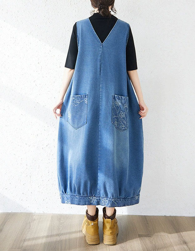 denim maxi dress embroidery pocket detail back view