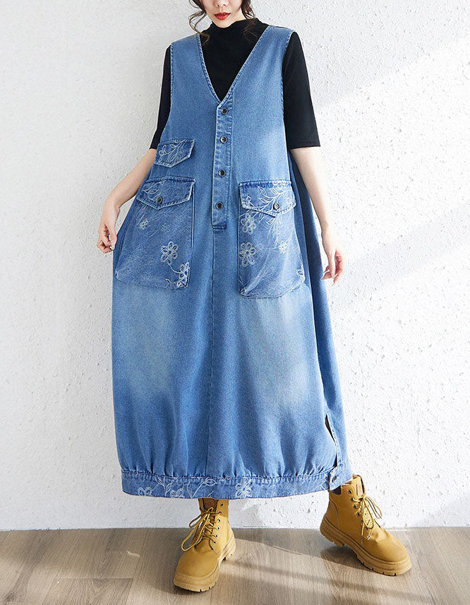 women denim embroidered pocket maxi dress front view