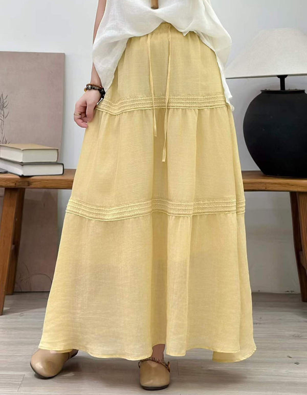Women Yellow Tiered Maxi Skirt Drawstring Waist