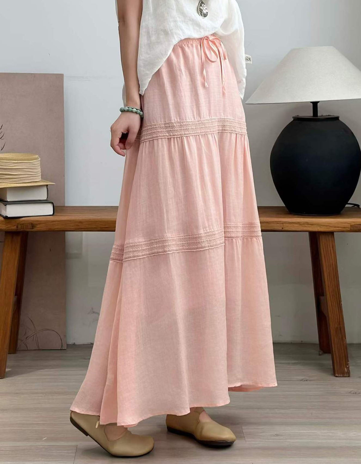 Women Loose Cotton Pink Maxi Skirt Summer Boho