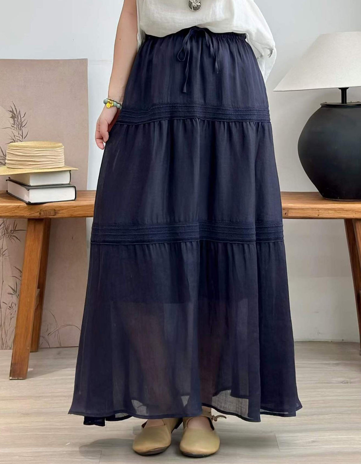 Navy Flowy Tiered Maxi Skirt Boho Elastic Waist