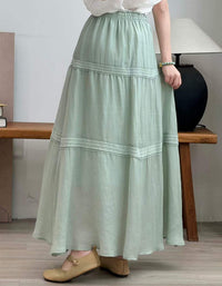 Women green tiered maxi skirt drawstring waist front view