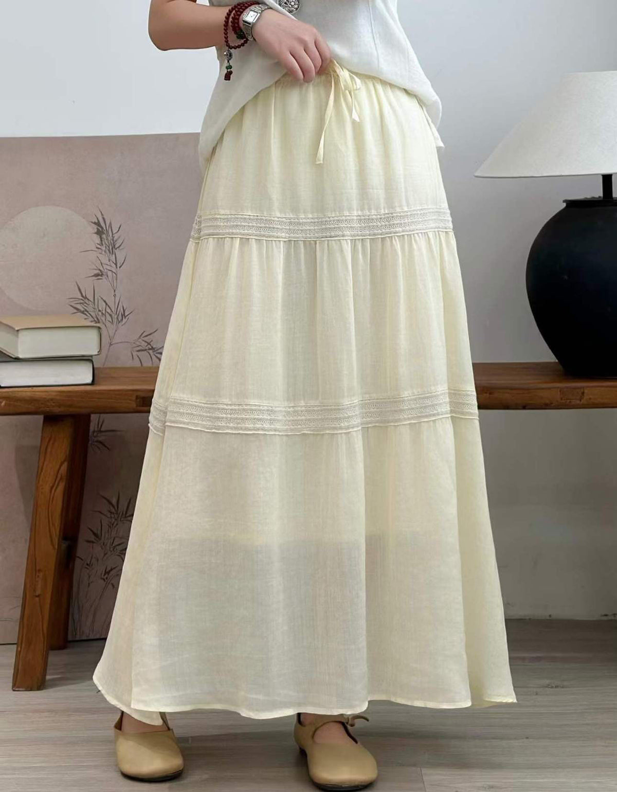 Women Vintage Yellow Long Skirt Drawstring Casual