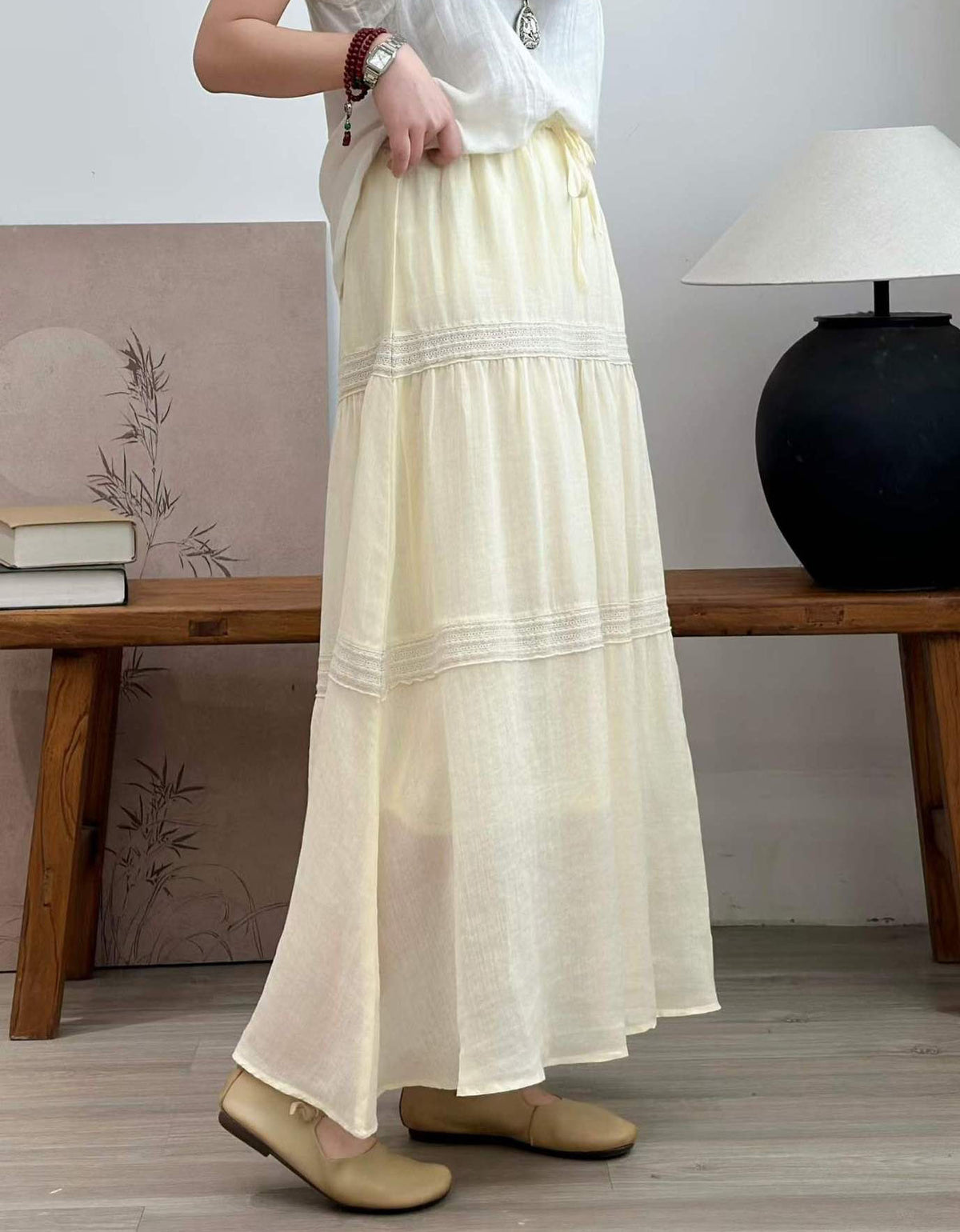 Women summer apricot maxi skirt tiered layers detail