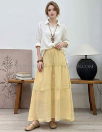 Boho Yellow Cotton Tiered Maxi Skirt Elastic Waist