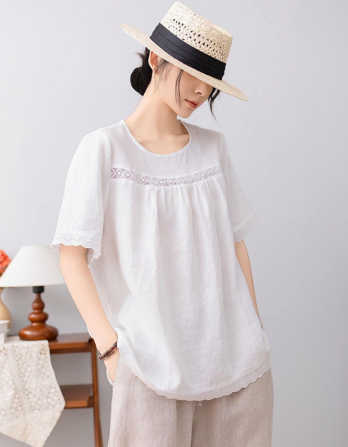 Women’s Loose Fit Linen Lace Detail Summer Top