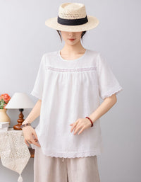 Women’s green linen blouse front view with lace trim