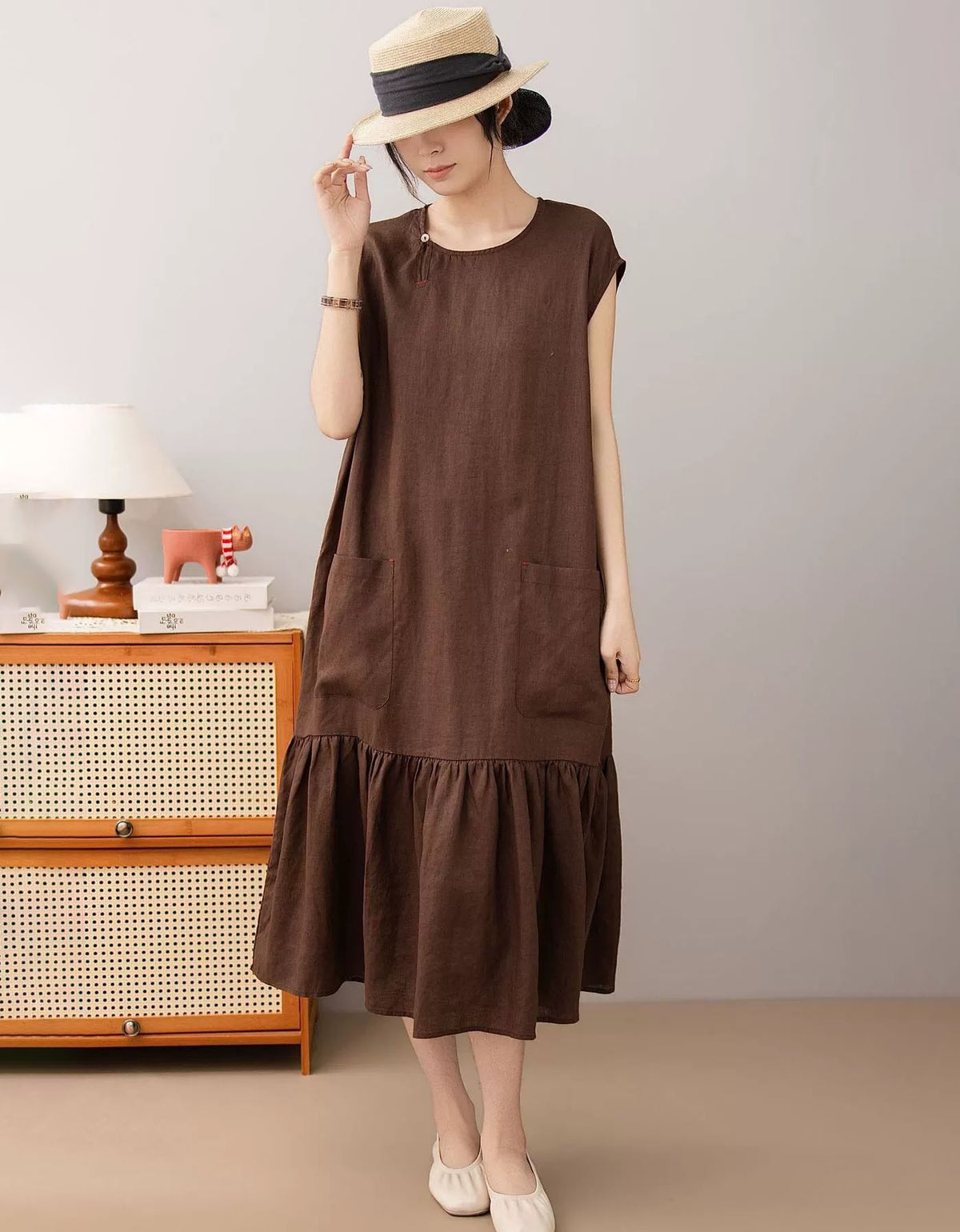 Relaxed Fit Brown Linen Dress with Flowy Hem