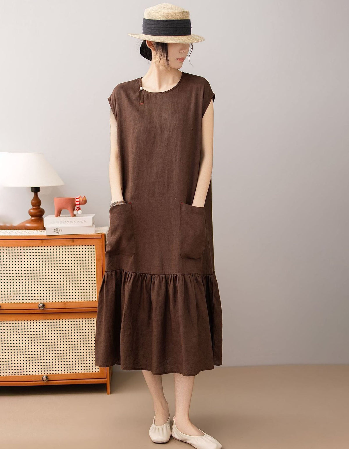 Minimalist Brown Linen Dress with Pockets