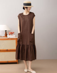 Minimalist Brown Linen Dress with Pockets