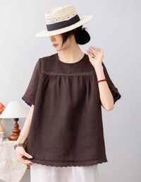 Minimalist Green Linen Top with Lace Panel Detail