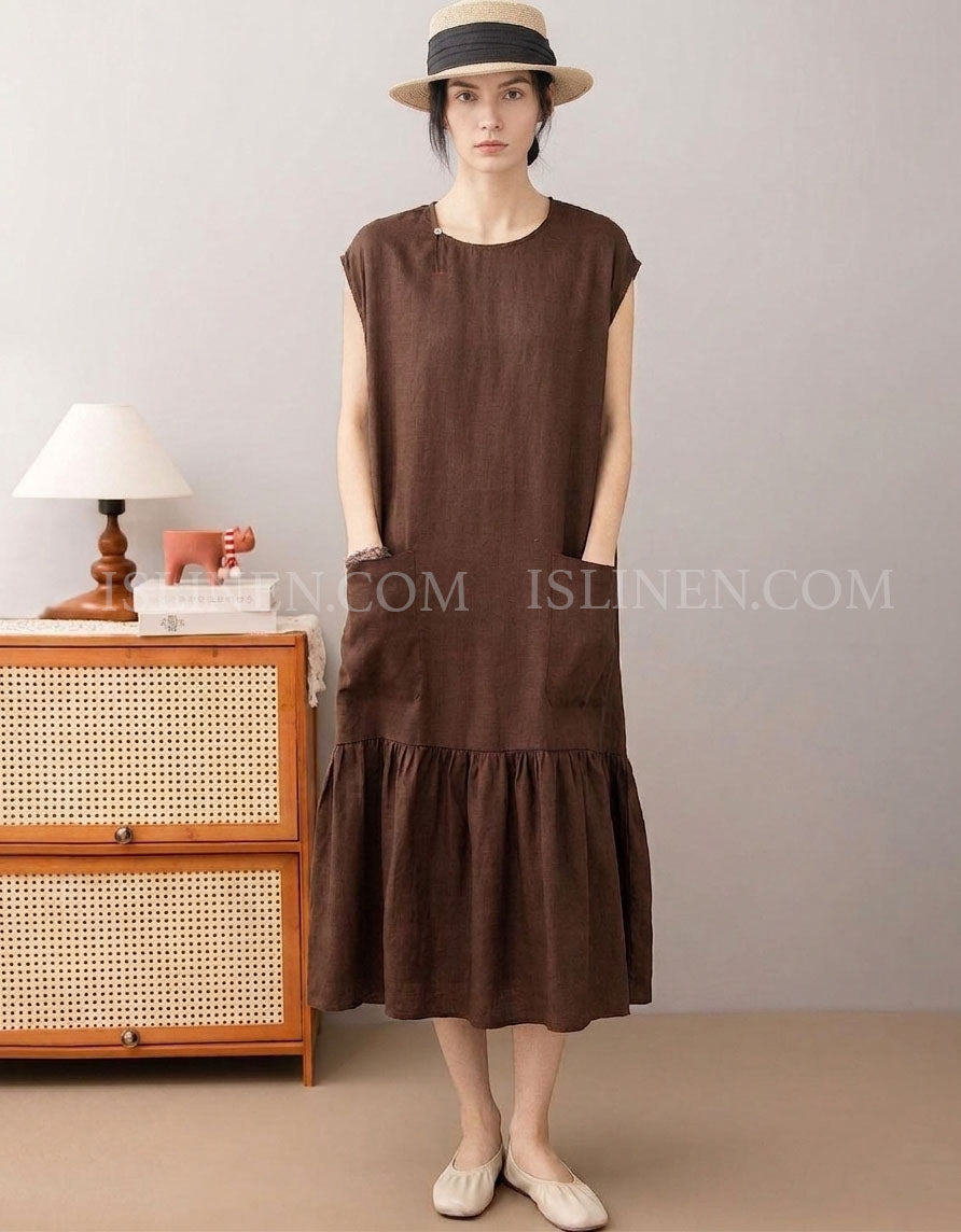 Women’s Brown Linen Midi Dress with Pockets